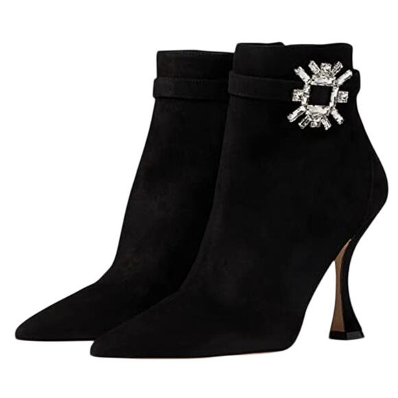 Stuart Weitzman Womens Crystal Nova Xcurve 100 Zip Bootie US 5 Black Suede NWOB